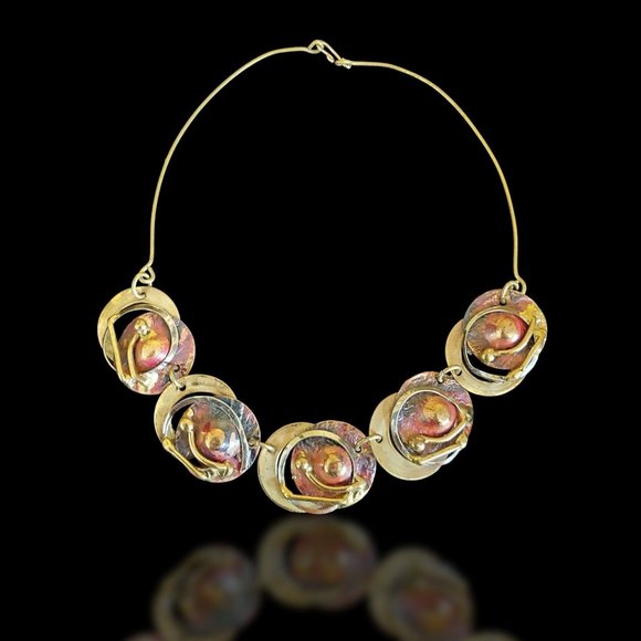 Beautiful Art Deco Modernist Mixed Metal Brass Enamel Necklace - - Picture 1 of 7